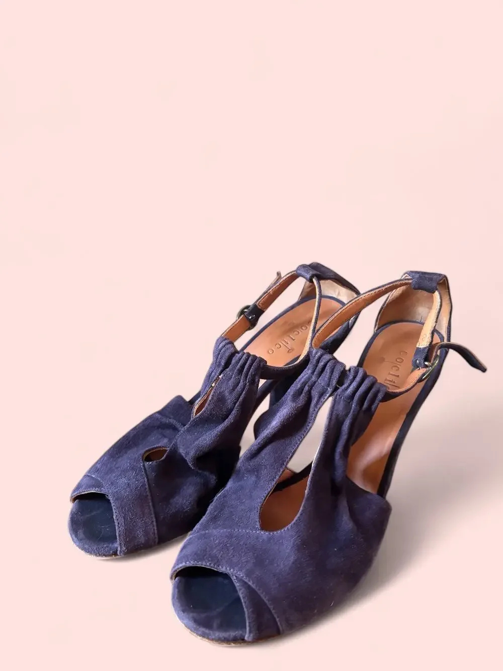 Coclico Purple Suede Ruched T-Strap Peep Toe Cone Heel Size 38.5 Made in Spain